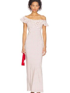 Off-Shoulder White Maxi Dress with Red Polka Dots